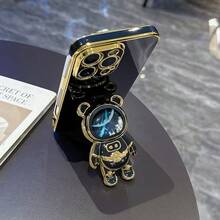 时尚星空宇航员流沙熊折叠支架手机壳，防震电镀软壳，兼容 17/6/7/8/X/XS/XR/11/12/13/14/15/16、Galaxy S25 S26 A02s-A07-A17-A26-A71、OPPO、Infinix、荣耀、红米、摩托罗拉、Reno、Magic 等机型。 - 黑色 - 查看 5