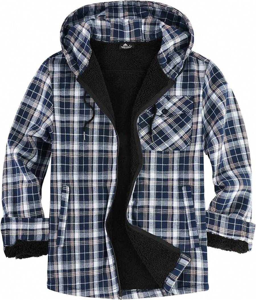 Men's Flannel Plaid Jacket Warm Sherpa Lined Fleece Hoodies For Men Zip Up Thick Jackets Winter Coat With Pocket