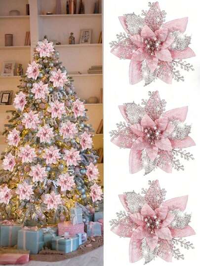 1 pieza/5 piezas Flores artificiales de Nochebuena con purpurina, decoraciones hechas a mano de adornos navideños brillantes de árbol de Navidad falsos, de plástico y reutilizables, para guirnaldas de árbol de Navidad, coronas navideñas, decoración del hogar interior y exterior, bodas, fiestas, celebración de Año Nuevo (color aleatorio)