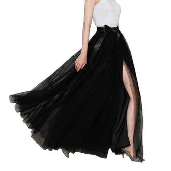 1 Pc Split Long Floor Length Maxi Tulle Skirt With Ribbon For Cosplay Prom Party Evening Black White