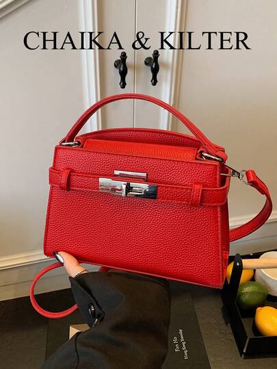 新款夏季荔枝纹女士手提包，时尚可调节肩带斜挎包，简约纯色高端金属装饰单肩工作包