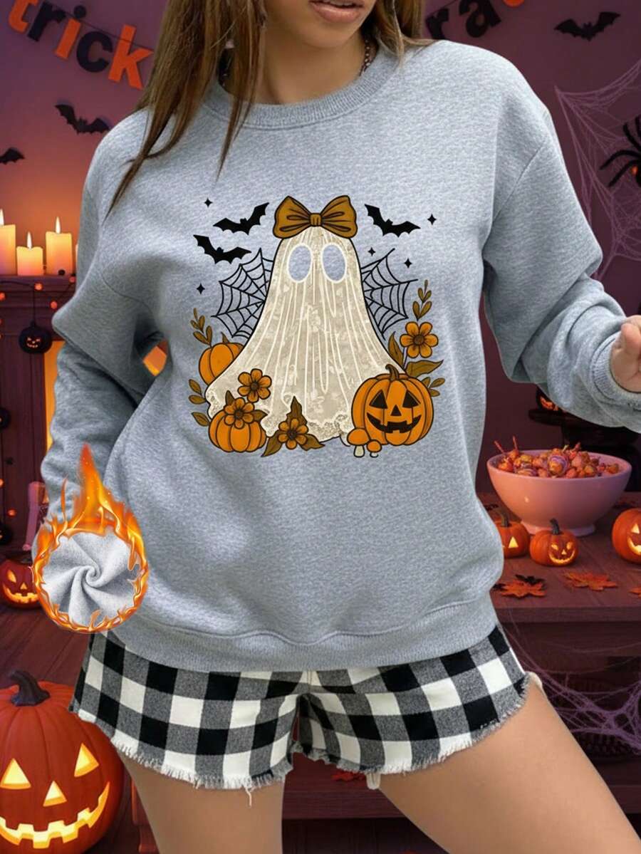 Fashionable Women's Halloween Costume, Comfortable Sports Sweatshirt, Pumpkin, Vampire, Spider Pattern, Light Gray Sweatshirt, Suitable For Halloween And Autumn Wear. - Light Grey - View 1
