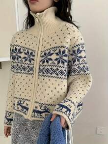 かわいいスノーフレーク刺繍ジップカーディガン、女性用 - 柔らかいアクリルブレンドのゆったりとした長袖冬用セーター、H型カット、秋冬の必須の重ね着スタイル、絶妙なディテールデザイン、暖かくて暖かい。 - ホワイト - チェックする 7