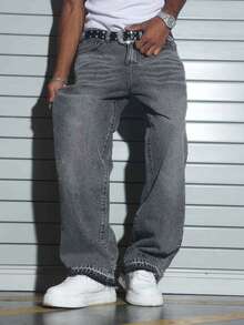 男士休闲街头水洗斜插口袋阔腿牛仔裤 - 灰色 - 查看 3