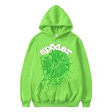 Men's And Women's Street Punk Oversized Hooded Sweatshirt Sets, Spider Web Rhinelstone Hooded Sweatshirts, Hip-Hop Fashion Letter Aesthetic Sweatshirts, Gender Neutral Sets, Couple Sets  Letter  Spider  Casual    Drawstring  Pocket - Green - View 2