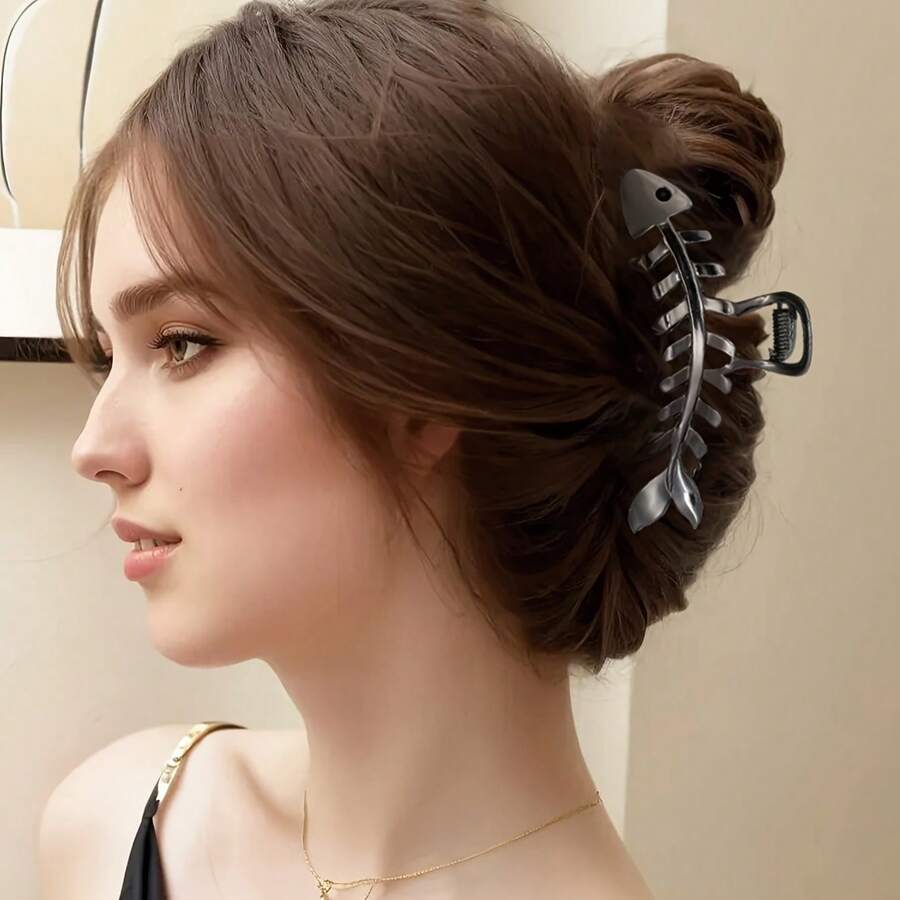 Single Black Fishbone Metal Hair Clip - Large Non-Slip Bohemian Style With Fine Hollow Design, Suitable For Women's Updos, Graduation Hairstyles, And Formal Occasions, Durable Hair Accessory - 黑色 - 查看 1