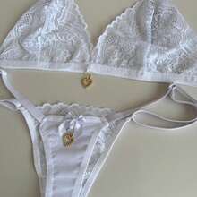 Sexy Backless Set With Pendant Detail And Thong - White - View 3