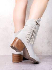 Botas de Estilo Western Negras con Flecos y Adorno de Toro  Sexy    Cremallera lateral    western  Vacaciones    invierno - Gris Claro - Ver 2