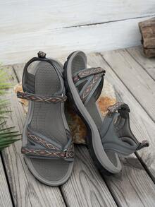 Women's Sports Sandals, Soft & Comfortable Sole, Simple And Elegant Double Strap Design, Adjustable Hook & Loop Closure, Suitable For Commuting, Shopping, Casual Outing, Geometric Woven Bohemian Pattern, Flat Sandals For Holiday, Outdoor, Beach, Summer - Grey - View 12