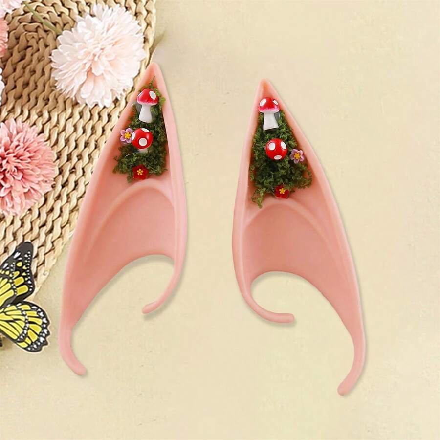 Halloween Cosplay Elf Ears Mushroom Flower Crystal Design Fairy Ear Accessories For Women Party Costume - Màu Hồng San hô - Xem 1