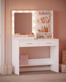 HEXCELEN 90cm Dressing Table With Mirror, Dressing Table With LED, 3 Brightness Levels, 2 Drawers, 4 Open Shelves And 2 Compartments, Dressing Tables, Modern, White - Phích cắm loại C của EU (220-240V) - Xem 1
