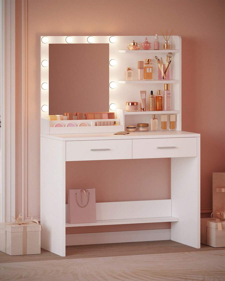 HEXCELEN 90cm Dressing Table With Mirror, Dressing Table With LED, 3 Brightness Levels, 2 Drawers, 4 Open Shelves And 2 Compartments, Dressing Tables, Modern, White - Phích cắm loại C của EU (220-240V) - Xem 1