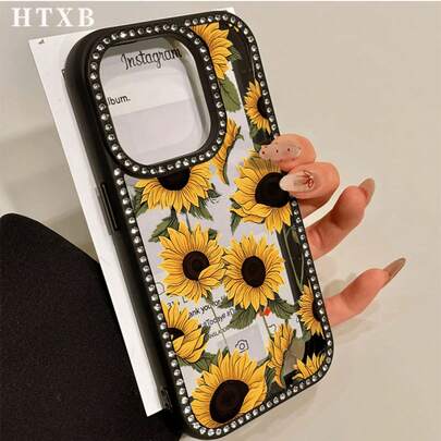 Custodia per telefono 3-in-1 con girasoli e strass, compatibile con 17 Pro/ 17 Air/ 17/ 17 Pro Max, 16 Pro Max, 16, 15 Pro, 14, 14 Plus/14 Pro Max, 13