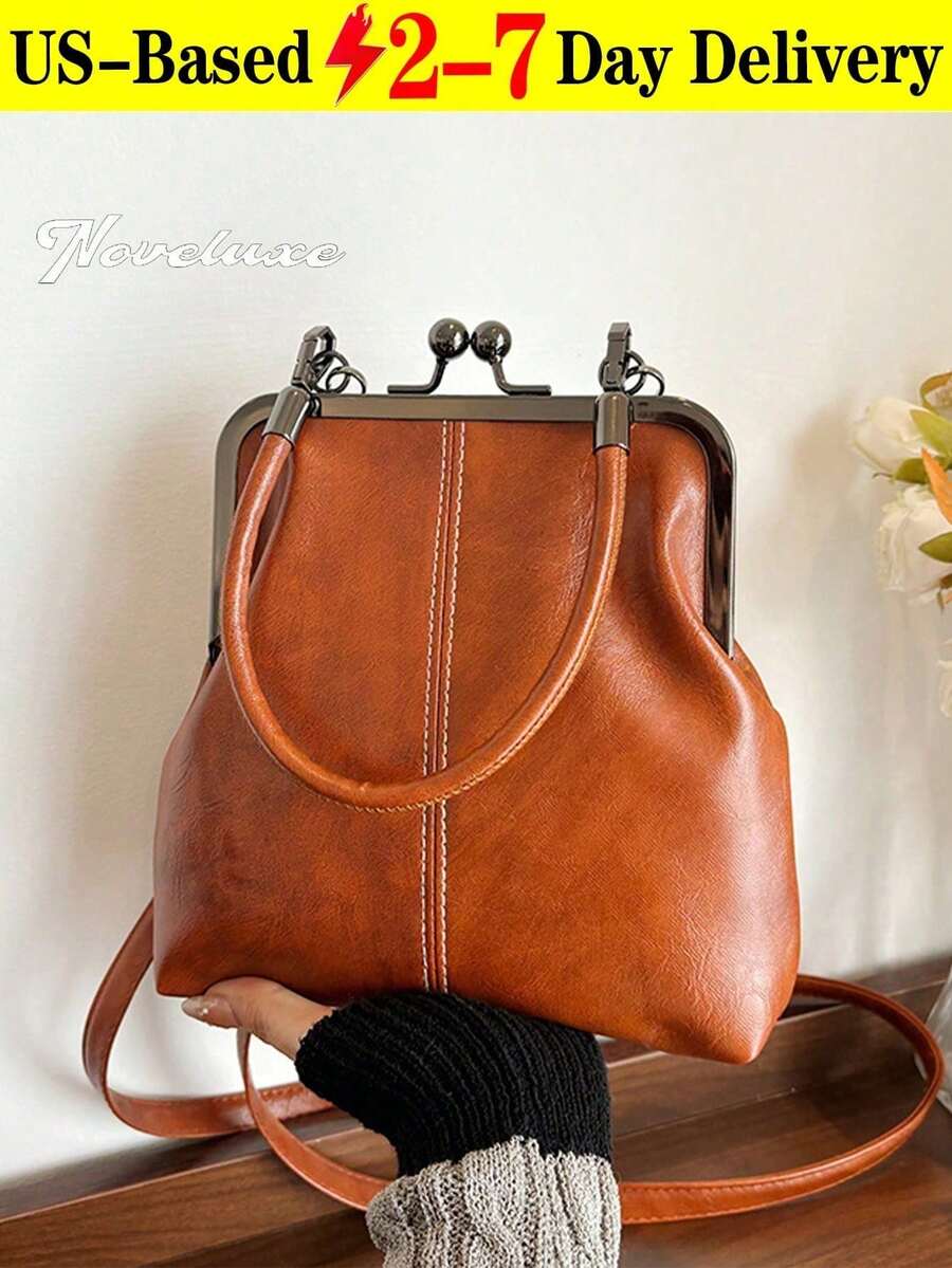Vintage Faux Leather Crossbody Bag For Women, Retro Style Kiss Lock Mini Handbag With Adjustable Shoulder Strap, Solid Color Lightweight City Tote With Polyester Lining,For Couple Thanksgiving Dinner Tote - Halloween Decorations Halloween Decorations Crossbody Bag Handbag - 彩色 - 查看 1