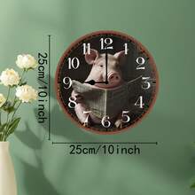 1 Silent Round Wall Clock With Fun Pig Design Reading Newspaper - 10inch Artificial Wood Quartz Clock, Suitable For Bedroom, Office, Home Decoration - Requires AA Batteries (Not Included) - Unique Gift Idea, Living Room Wall Clock