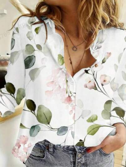 Chemise décontractée à manches longues et boutonnée avec imprimé 3D pour femmes