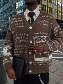 Unisex Retro Abstract Letter Pattern Knitted Cardigan, Casual European/American/Asian Style, Suitable For Spring, Autumn, Winter