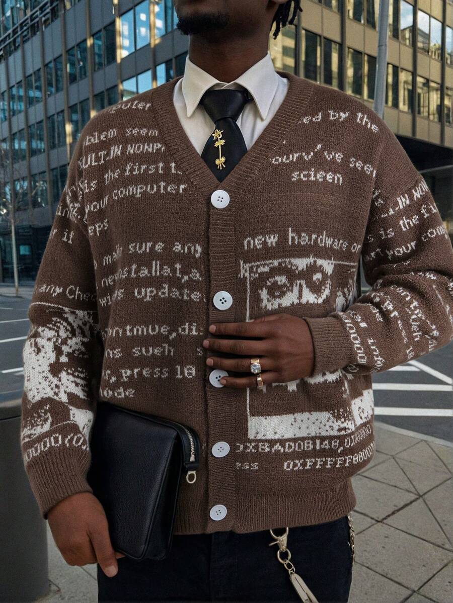 Unisex Retro Abstract Letter Pattern Knitted Cardigan, Casual European/American/Asian Style, Suitable For Spring, Autumn, Winter