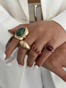 Set de 4 anillos de joyería de metal con gemas geométricas en estilo bohemio, un regalo versátil para fiestas, bodas y ocasiones casuales para mujeres y parejas
