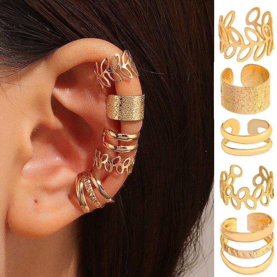 5pcs Women's Leaf Shaped Non Pierced Fake Ear Cuff Earrings Gold Jewelry Set