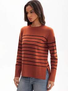 Dammode Casual Randig Design Rund Halsad Tröja - Orange Svart - Visa 5