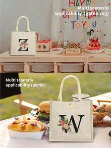 1 Stück Leinen Blumen Buchstaben Handtasche, einfache Handtasche mit großer Kapazität, tragbare lässige Aufbewahrungstasche, multifunktionale Einkaufstasche, personalisiertes Geschenktasche, geeignet für Hochzeiten, Geburtstage, Strände, Festivals, perfekte Geschenke für Frauen, Lehrer, Freunde, Brautjungfern, große Taschen, Studenten und Schulanfang, beste Lehrergeschenke für den Lehrertag, beste Geschenke zur Wertschätzung von Lehrern