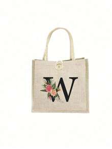 1 Stück Leinen Blumen Buchstaben Handtasche, einfache Handtasche mit großer Kapazität, tragbare lässige Aufbewahrungstasche, multifunktionale Einkaufstasche, personalisiertes Geschenktasche, geeignet für Hochzeiten, Geburtstage, Strände, Festivals, perfekte Geschenke für Frauen, Lehrer, Freunde, Brautjungfern, große Taschen, Studenten und Schulanfang, beste Lehrergeschenke für den Lehrertag, beste Geschenke zur Wertschätzung von Lehrern