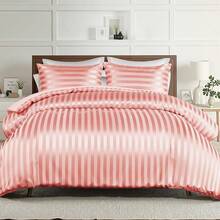 Whale Flotilla 3-Piece Reversible Silky Soft Comforter Set, Luxury Stripe Satin Comforters Full Size Bedding Set With 2 Satin Pillowcases, Lightweight Duvet Set All Seasons, Brown