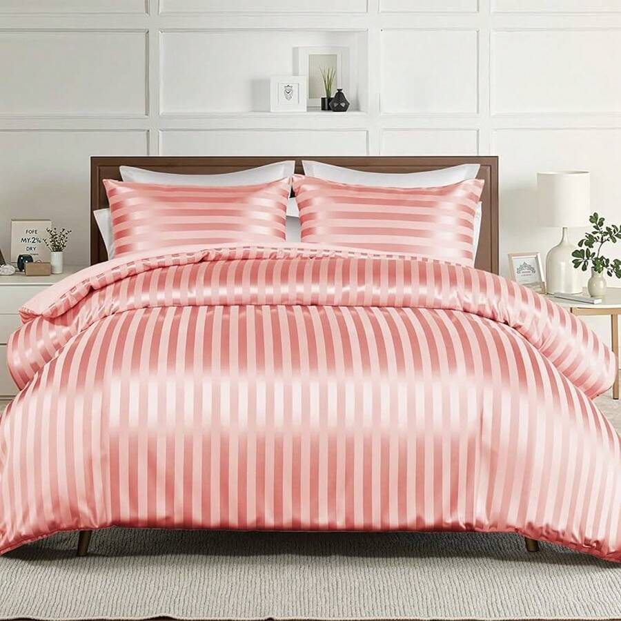 Whale Flotilla 3-Piece Reversible Silky Soft Comforter Set, Luxury Stripe Satin Comforters Full Size Bedding Set With 2 Satin Pillowcases, Lightweight Duvet Set All Seasons, Brown