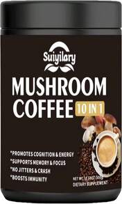 Suiyilary Mushroom Coffee, 10 Mushroom Extract Powder Blend Lion'S Mane, Reishi, Chaga, Cordyceps, Turkey Tail, Brain Supplements With Instant Coffee For Energy, Focus, Memory And Immunity 150g - Flavor NameC - 查看 1