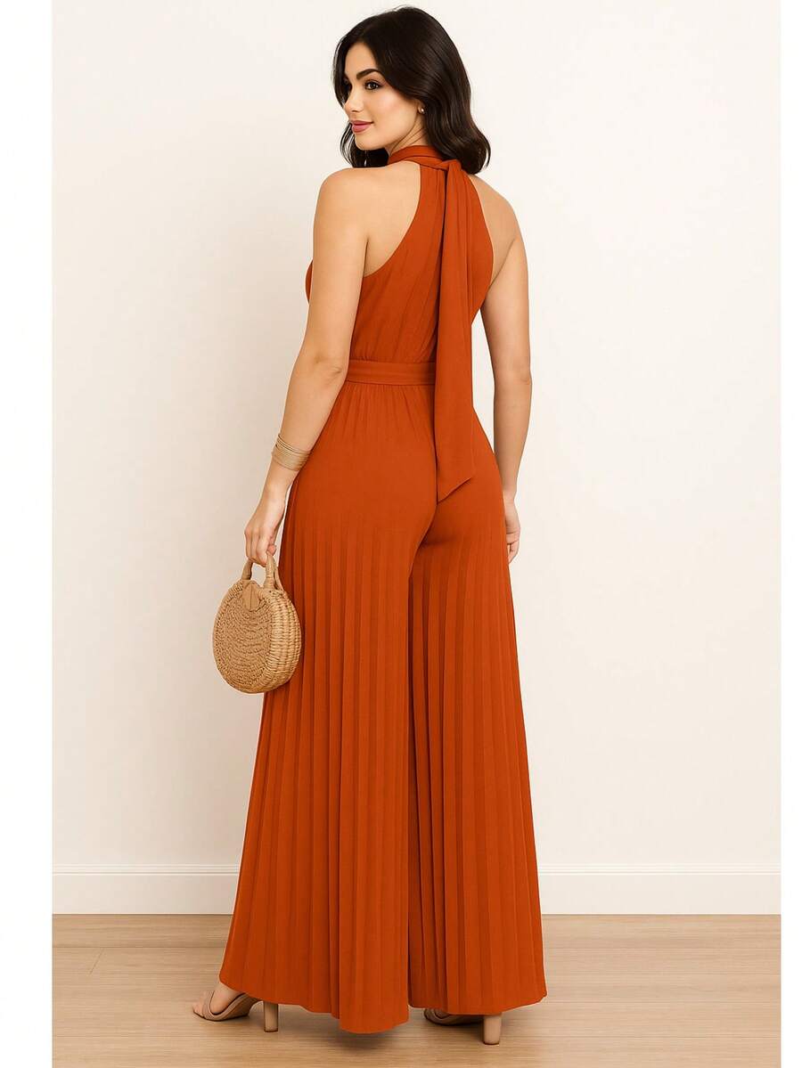 Pleated Jumpsuit Perfect For Parties And Weddings - Terracotta - View 1