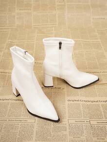 秋冬新款英伦风女式真皮踝靴，简约白色优雅粗跟踝靴，复古尖头金属侧拉链靴，粗跟切尔西靴，美式中跟西部靴，时尚短筒靴 - 白色 - 查看 5