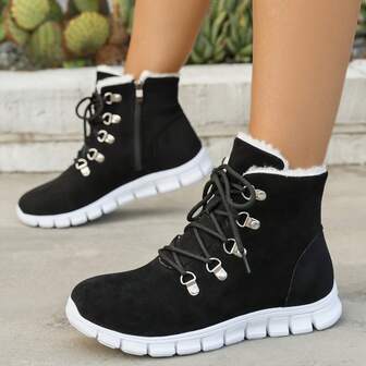 Botas de nieve cómodas con ribete de piel sintética para mujer, con puntera redonda, cierre con cremallera, casual para deportes al aire libre en invierno, nuevo forro térmico grueso, tobillo, color negro