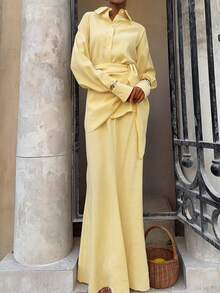 3pcs Women's Elegant Solid Color Shirt + Skirt Set, Front Button Closure, Suitable For Vacation, Office, Daily Wear, Spring/Autumn - Yellow - View 7