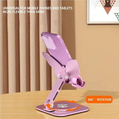 360° Adjustable Aluminum Butterfly Phone Holder - Foldable And Durable Desktop Stand - For Smartphones And Tablets, Waterproof And Battery-Free