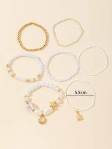 7pcs/Set Rice Bead, Pearl, Alloy Starfish Decor Multi-Layer Bracelet For Women