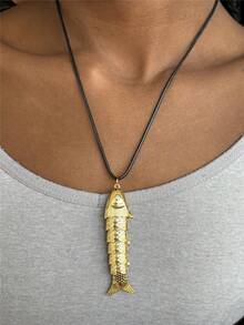 Summer Ocean Fish Bone Rope Necklace, Stainless Steel Pendant Necklace