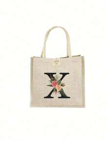 1 Stück Leinen Blumen Buchstaben Handtasche, einfache Handtasche mit großer Kapazität, tragbare lässige Aufbewahrungstasche, multifunktionale Einkaufstasche, personalisiertes Geschenktasche, geeignet für Hochzeiten, Geburtstage, Strände, Festivals, perfekte Geschenke für Frauen, Lehrer, Freunde, Brautjungfern, große Taschen, Studenten und Schulanfang, beste Lehrergeschenke für den Lehrertag, beste Geschenke zur Wertschätzung von Lehrern