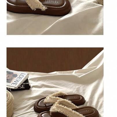 Women's Summer Flat One-Piece Slippers - Open Toe Sandals, Made Of Soft PU Material And Fabric With Tassel Decor. Featuring Lace Trim And Decorative Details On The Vamp, Paired With Rubber Soles For A Perfect Fit. Suitable For Vacation, Outdoor Activities, Home Wear, Cocktail Parties And Daily Outdoor Events. Brown Beach Style Open Toe Sandals.