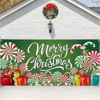 1pc Christmas Garage Door Cover Banner Backdrop Decor - Oversized Candy Cane Gift Box Printed Hanging Door Background For Indoor Outdoor Home Yard Lawn Party Supplies