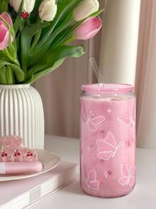 2 件/套蝴蝶盖吸管玻璃杯 - 大容量[450ML/15.22oz]罐形水瓶、冰咖啡杯、奶茶吸管杯、饮料吸管杯，送给朋友的最佳礼物！ - 彩色 - 查看 13