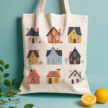 1pc Cartoon House Illustration Canvas Tote Bag - 13.8x15.8 Reusable Grocery Bag, Durable Polyester Canvas With Leak-Proof Design, Colorful Whimsical Houses Pattern Daily Commute, School, Shopping - House Lovers (Mother's Day, Graduation, Easter), Everyday Carryall, Sturdy Construction, Students And Commuters