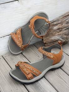 Women's Casual Sandals With Soft Comfortable Soles, Simple And Elegant Double Strap Design With Adjustable Hook And Loop Closure, Suitable For Commuting, Strolling, Leisure Travel, Etc. Geometric Patterned Bohemian Fabric, Flat Sandals For Beach, Summer - Yellow - View 10