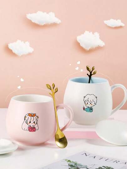 1 pieza Taza de cerámica, taza de desayuno para el hogar, taza de leche con tapa y cuchara, taza de café, alta estética, taza para estudiantes y parejas