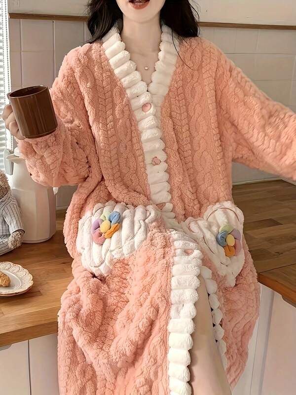 1 pieza Bata de mujer de felpa coral acogedora (talla única) - Cuello en V, manga larga con bolsillos y detalle de girasol, vestido de salón de franela gruesa talla grande para otoño/invierno, toallas de ducha para salón de belleza, hotel, deportes, artículos esenciales para el hogar, toalla, toalla de baño para el cuidado de la piel