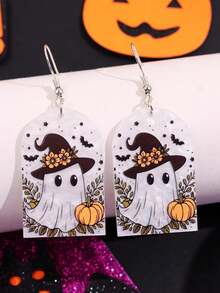 1 par de pendientes de acrílico únicos y divertidos con diseño de fantasma con sombrero de flores, regalo de joyería para fiestas y vacaciones de mujer