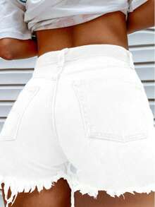 Mobula Sound#Plus Size Women's Spring/Summer Versatile Fashion Denim Shorts With Frayed Hem For Holiday, Vacation, Daily, Dating, Travel, Airport - White - View 8