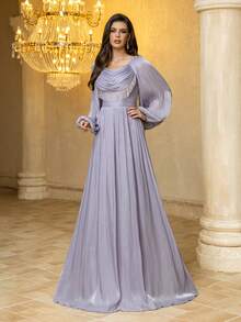 UNITHORSE 女士圆领长袖流苏修身雪纺气质晚礼服