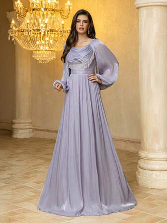  UNITHORSE 女士圆领长袖流苏修身雪纺气质晚礼服