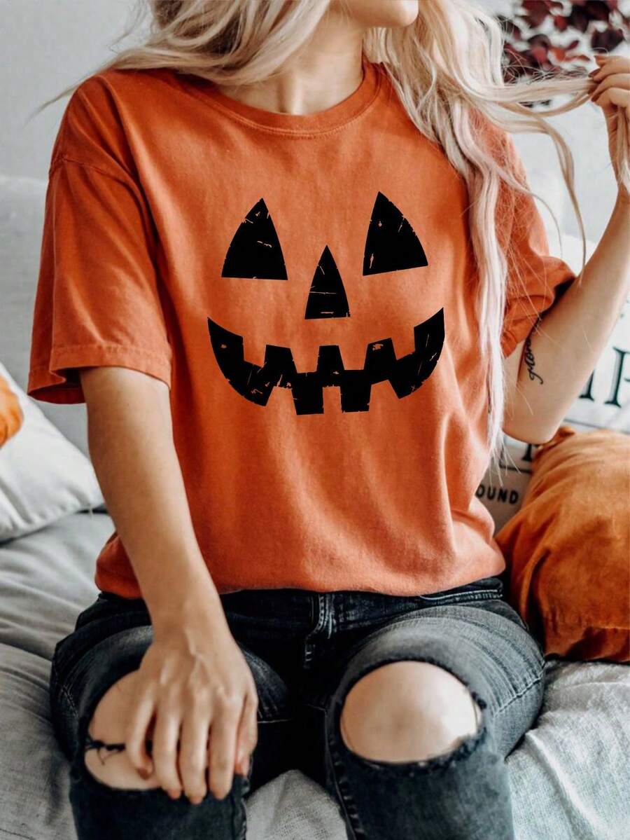 Camiseta informal manga corta estampado Halloween día de muertos  calabaza cara, para toda temporada, de largo regular - Naranja - Ver 1